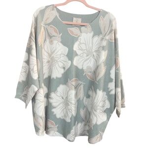 Sioni Sage Green Floral Print 3/4 Dolman Sleeve Relaxed Fit Sweater Size 2X